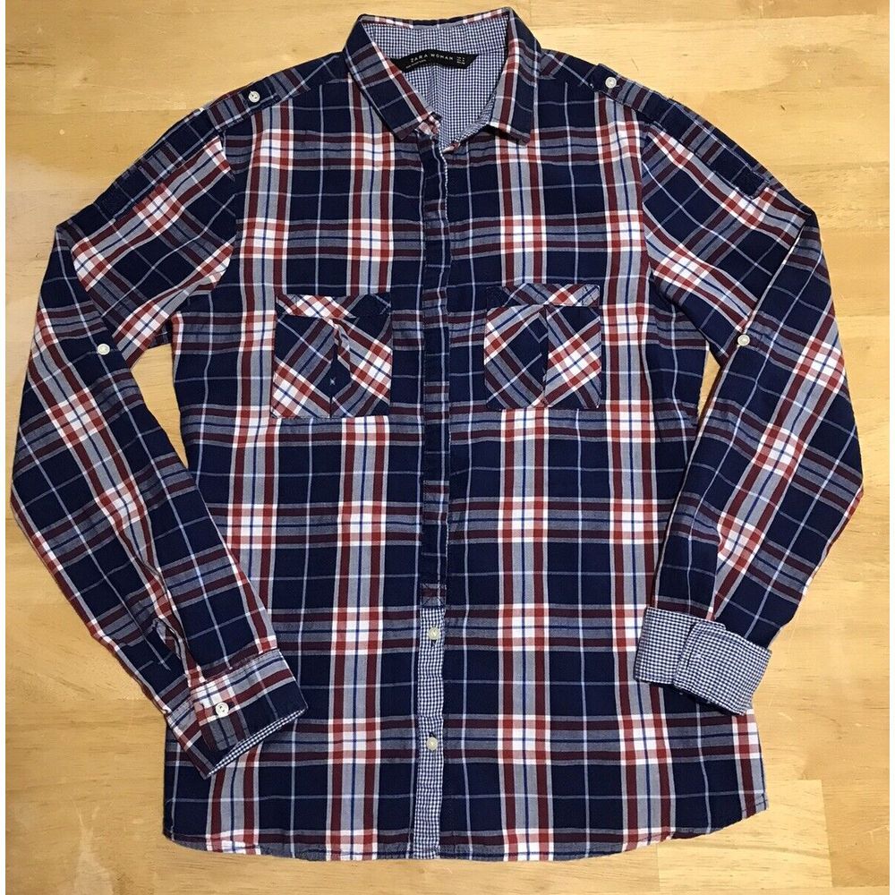 Zara Womens Shirt Medium Red Blue Plaid Long Sleeve Button Up Cotton‎
